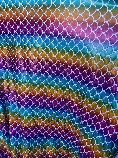 New rainbow mermaid fish scale foil on nylon spandex 4way Stretch 58/60" Sold by the YD. Ships worldwide from Los Angeles California USA