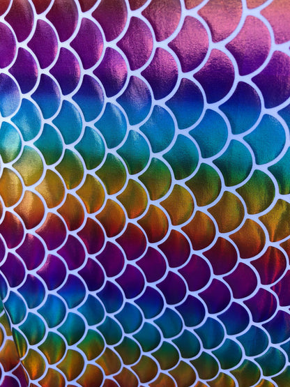 New rainbow mermaid fish scale foil on nylon spandex 4way Stretch 58/60" Sold by the YD. Ships worldwide from Los Angeles California USA