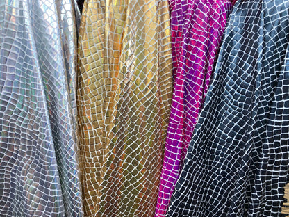 New metallic nylon spandex crocodile iridescent foil 4way Stretch 58/60" Sold by the YD. Ships worldwide from Los Angeles California USA