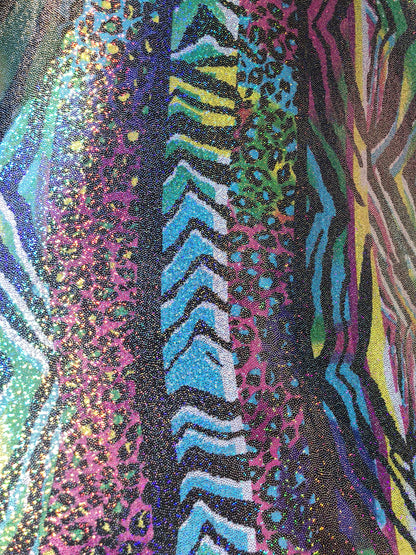 New metallic spandex multi animal print 4way stretch 58/60" Sold by the YD. Ships worldwide from Los Angeles California USA.