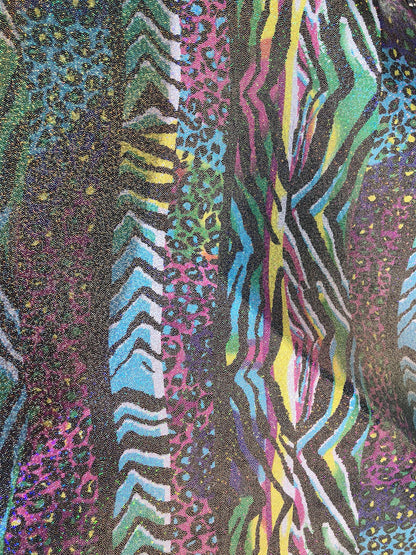 New metallic spandex multi animal print 4way stretch 58/60" Sold by the YD. Ships worldwide from Los Angeles California USA.