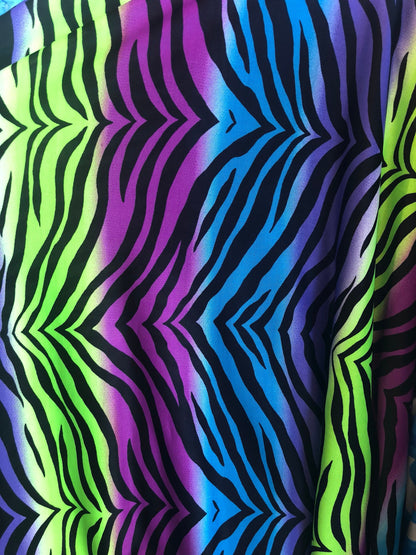 New spandex zebra design multicolor light weight poly spandex 4way Stretch 58/60" Sold by the YD. Ships worldwide