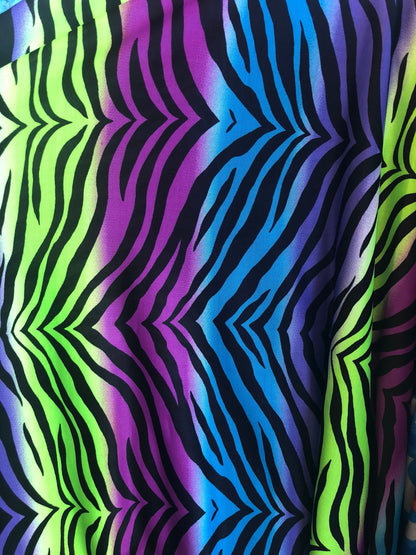 New spandex zebra design multicolor light weight poly spandex 4way Stretch 58/60" Sold by the YD. Ships worldwide