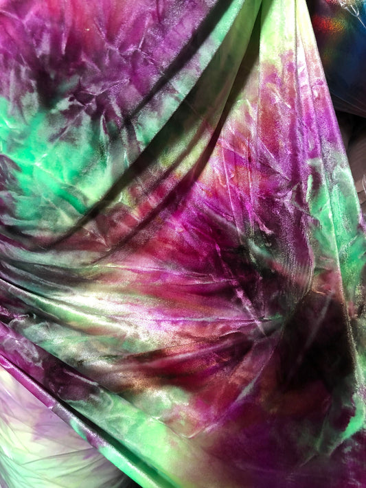 New heavy stretch velvet tie dye magenta/green 4 way stretch 58/60" Sold by the YD. Ships worldwide from Los Angeles California USA