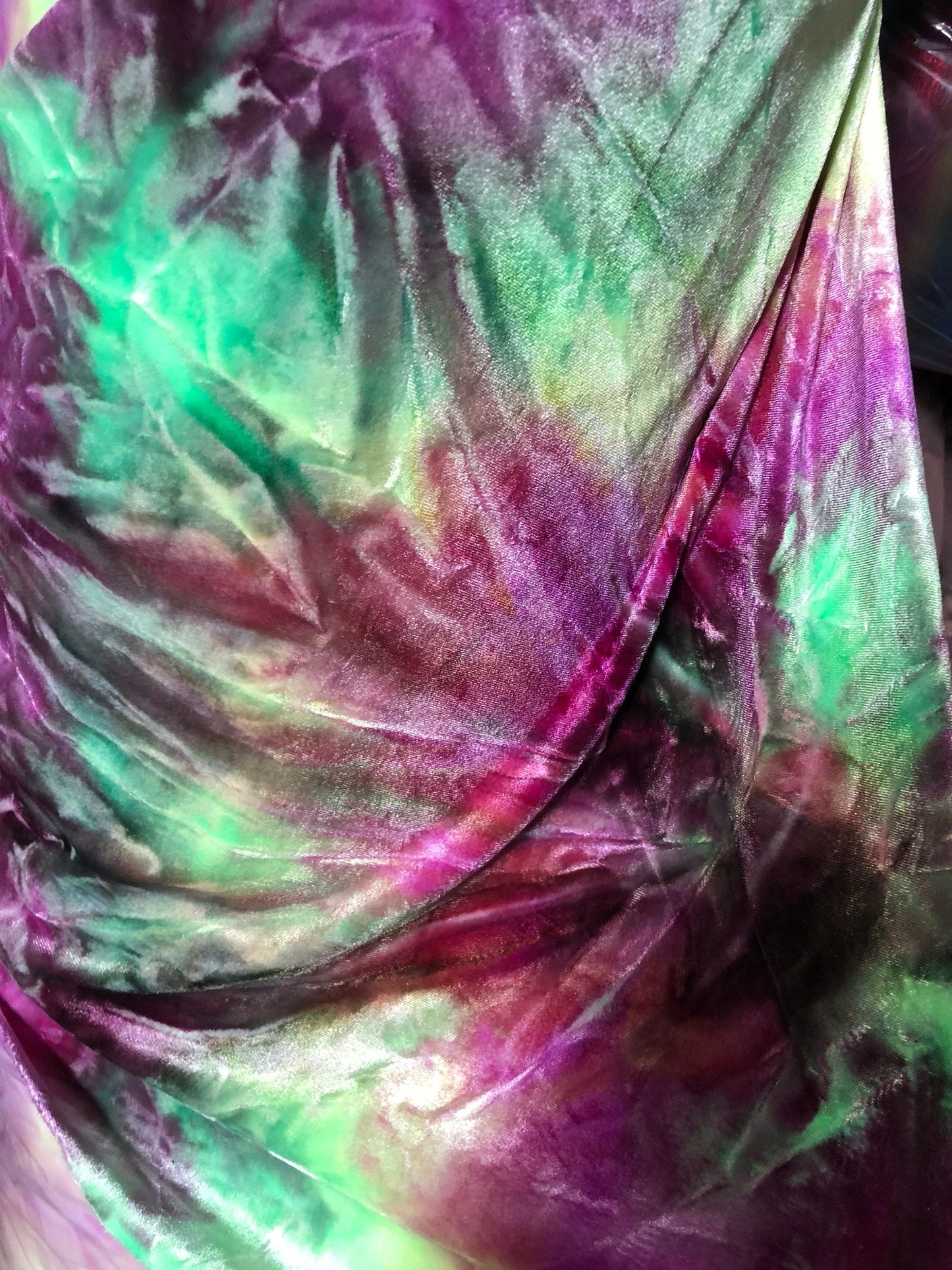 New heavy stretch velvet tie dye magenta/green 4 way stretch 58/60" Sold by the YD. Ships worldwide from Los Angeles California USA