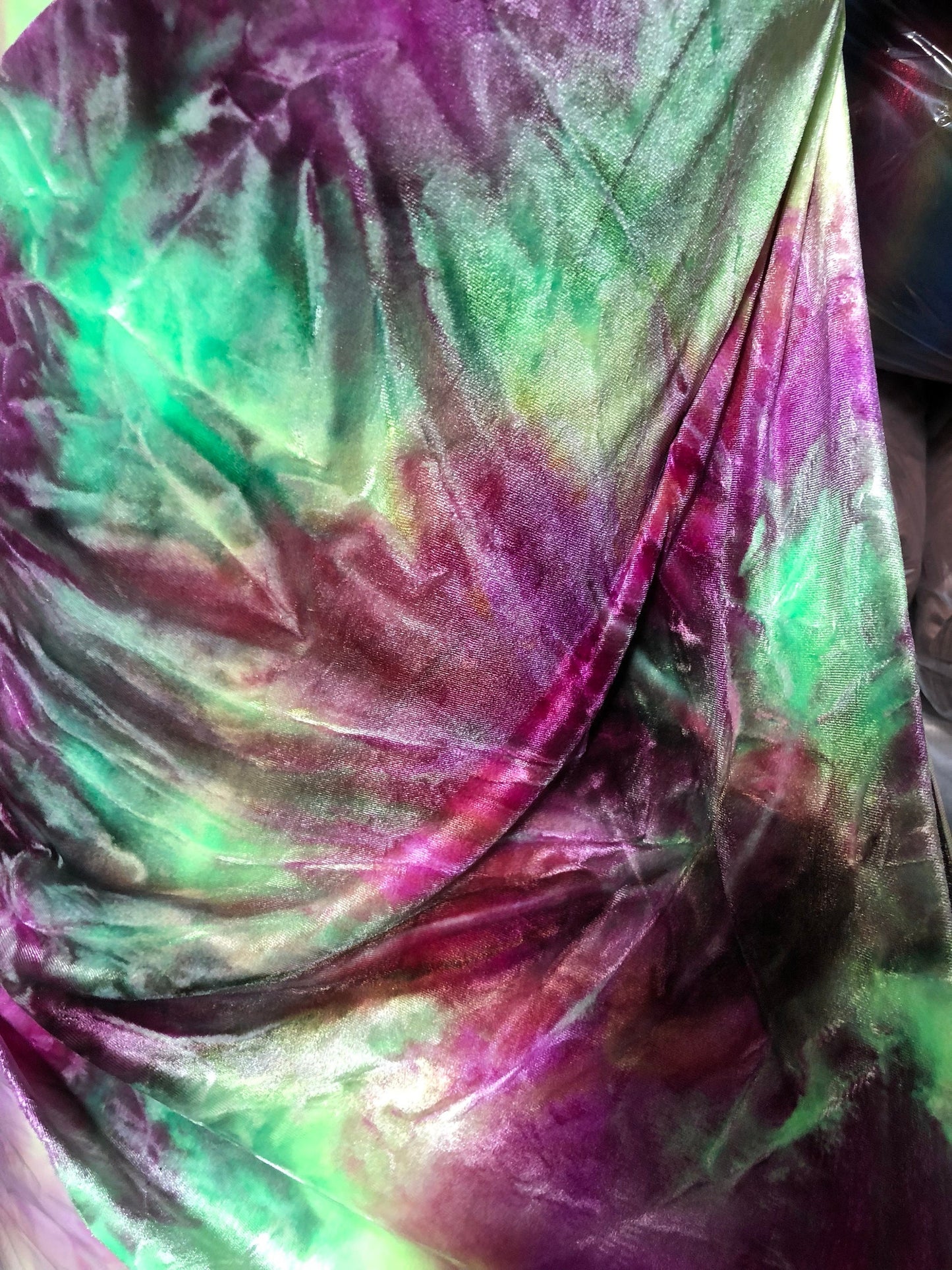 New heavy stretch velvet tie dye magenta/green 4 way stretch 58/60" Sold by the YD. Ships worldwide from Los Angeles California USA