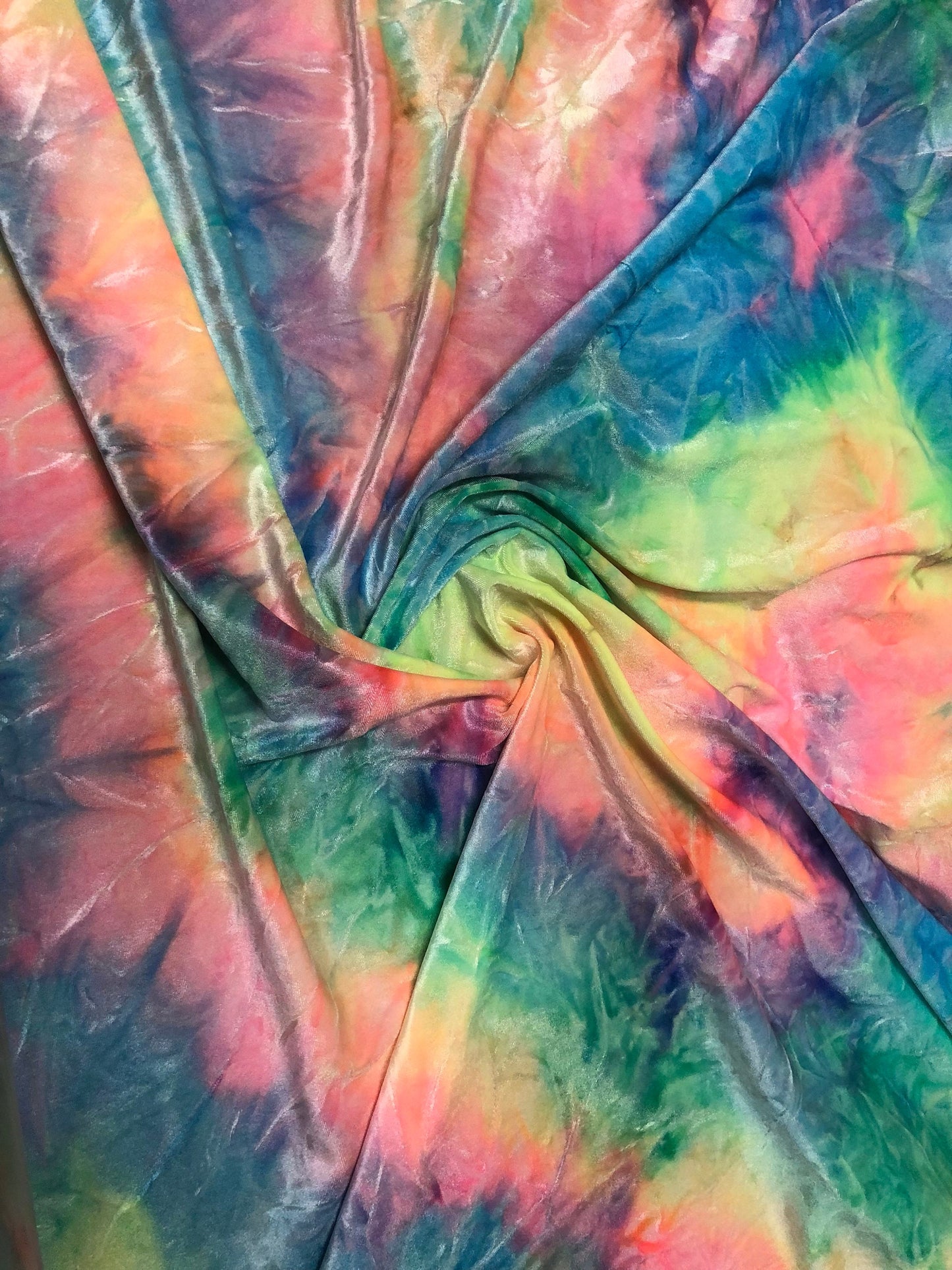 New tie dye heavy stretch velvet 4way Stretch 58/60" Sold by the YD. Ships worldwide feom Los Angeles California USA.