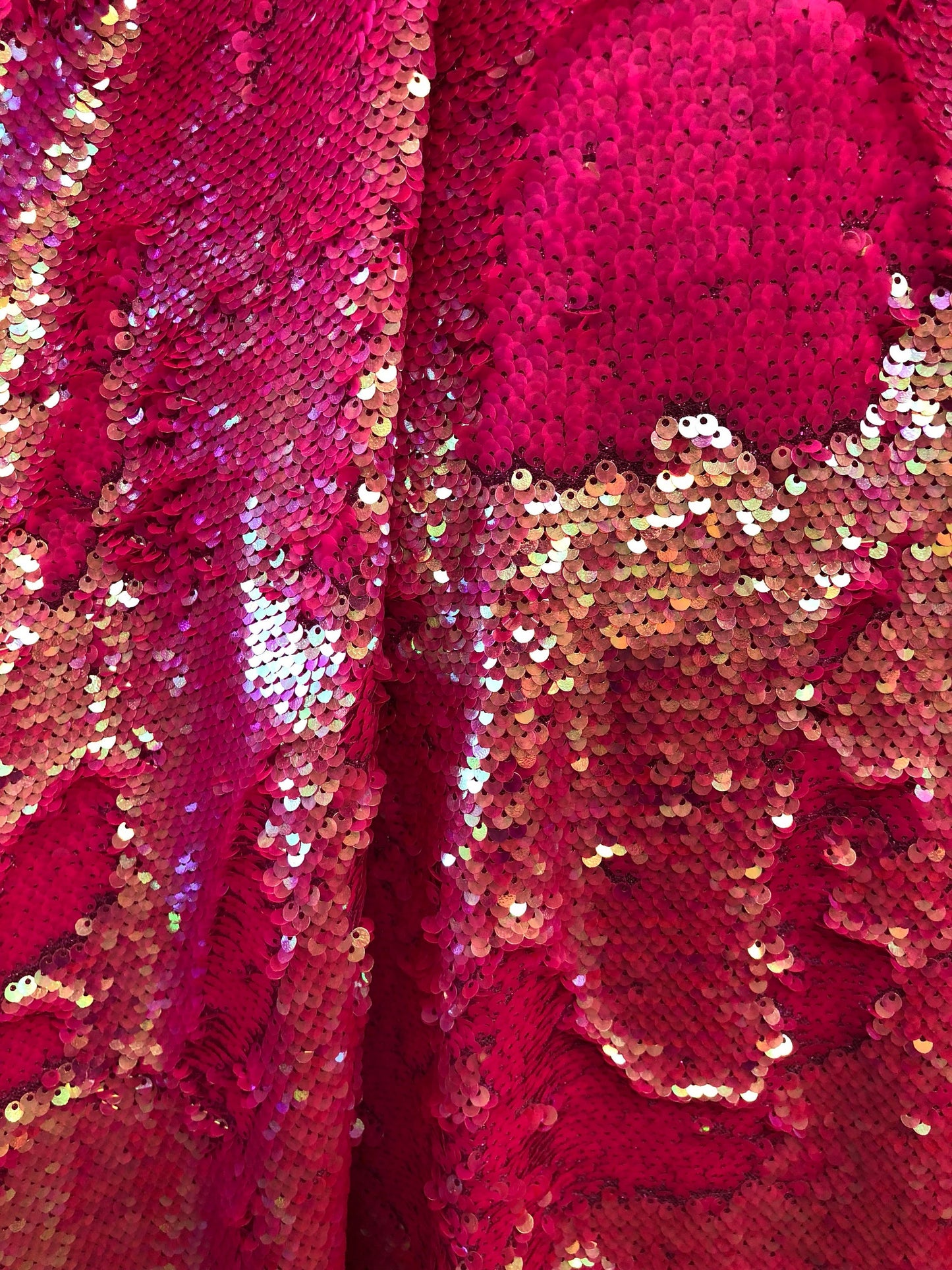 New mermaid sequins with metallic foil stretch base neon pink 2way stretch 58/60" Sold by the YD. Ships worldwide from Los Angeles CA USA.