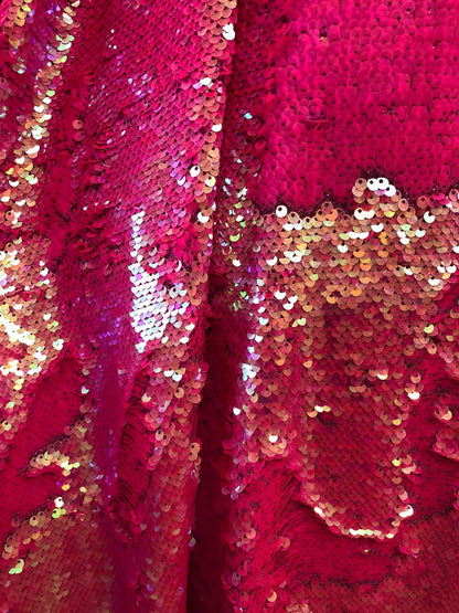 New mermaid sequins with metallic foil stretch base neon pink 2way stretch 58/60" Sold by the YD. Ships worldwide from Los Angeles CA USA.