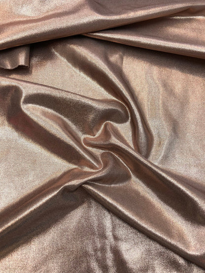 New all over foil nylon spandex rose gold color 4way Stretch 58/60" Sold by the YD. Ships Worldwide from Los Angeles California USA