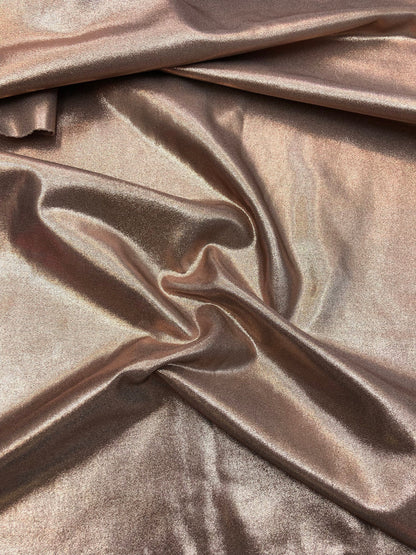 New all over foil nylon spandex rose gold color 4way Stretch 58/60" Sold by the YD. Ships Worldwide from Los Angeles California USA