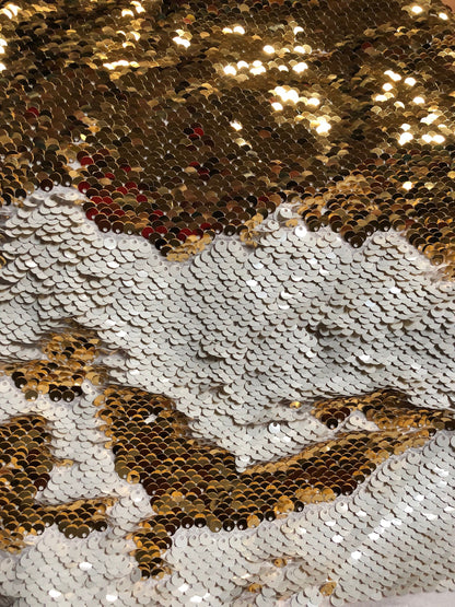 New reversible mermaid sequins white/gold on spandex base 2way 58/60" Sold by the YD. Ships Worldwide from Los Angeles California USA