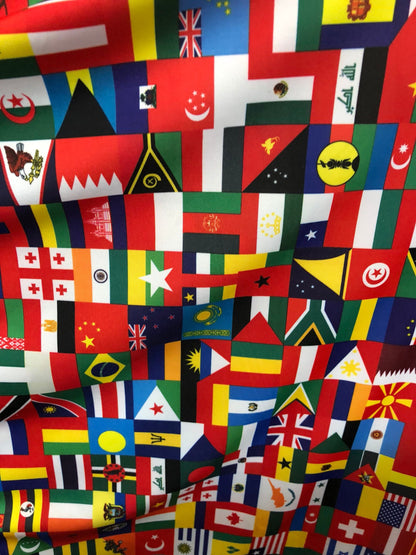 New International multi flags design printed on nylon spandex 4way stretch 58/60" Sold by the YD. Ships worldwide from Los Angeles CA USA.