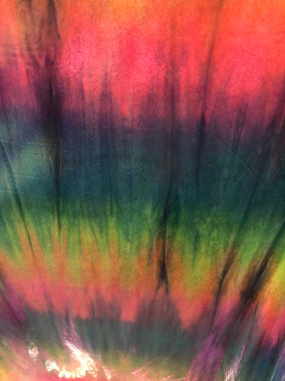 Tie dye metallic all over foil rainbow color nylon spandex 4way 58/60" Sold by the YD. Ships worldwide from Los Angeles California USA.