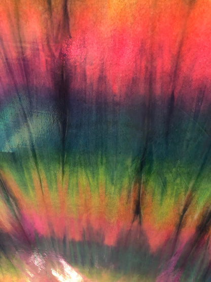 Tie dye metallic all over foil rainbow color nylon spandex 4way 58/60" Sold by the YD. Ships worldwide from Los Angeles California USA.