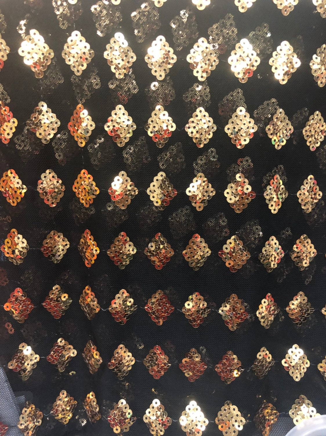 Diamond gold sequins design on stretch power mesh 4way 58/60" Sold by the YD. Ships worldwide from Los Angeles California USA.