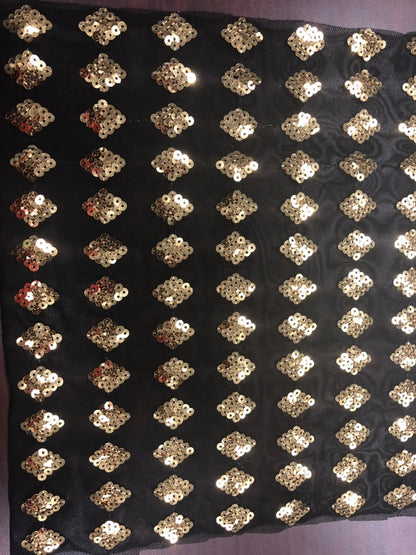 Diamond gold sequins design on stretch power mesh 4way 58/60" Sold by the YD. Ships worldwide from Los Angeles California USA.