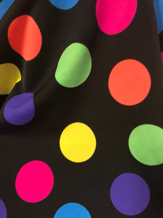 New nylon spandex polka dots multicolor 1" size 4way stretch 58/60" Sold by the YD. Ships worldwide from Los Angeles California USA