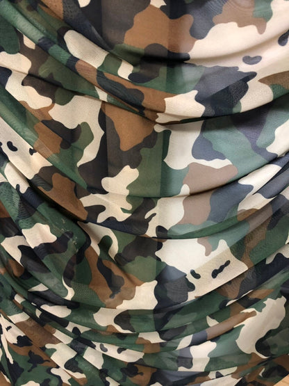 Camouflage design on power mesh 4way stretch 58/60" Sold by the YD. Ships worldwide from Los Angeles California USA.