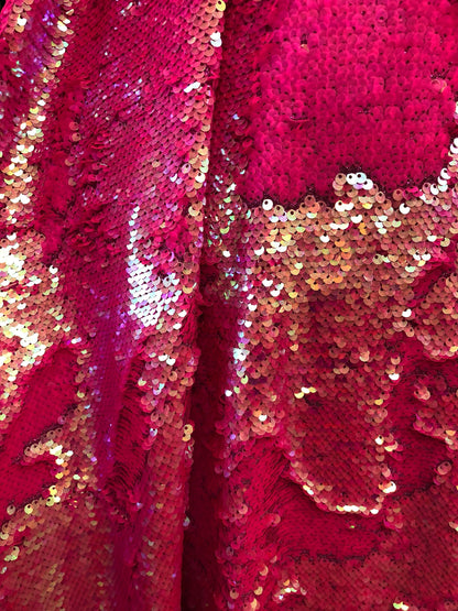 New mermaid sequins with metallic foil stretch base neon pink 2way stretch 58/60" Sold by the YD. Ships worldwide from Los Angeles CA USA.