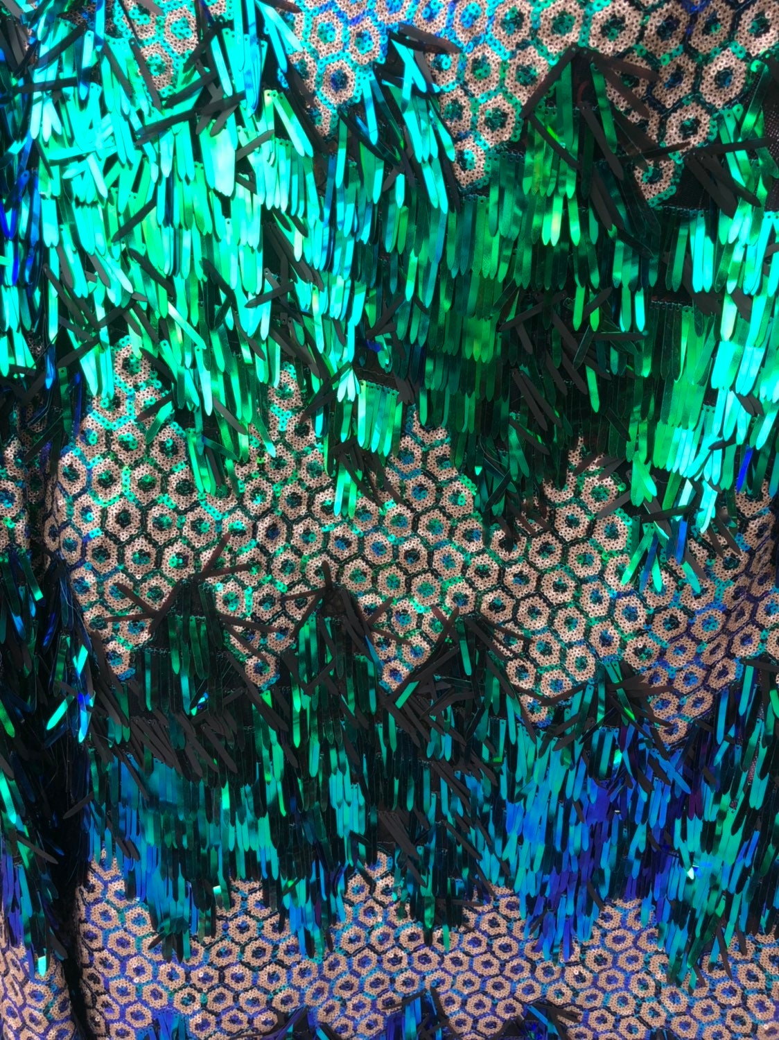 Peacock sequins with hexagon design 2tone sequins on stretch mesh base 2way 55/57" Sold by the YD. Ships worldwide from Los Angeles CA USA.