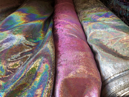 New heavy velvet with iridescent foggy foil 4way stretch 58/60" Sold by the YD. Ships worldwide from Los Angeles California USA.