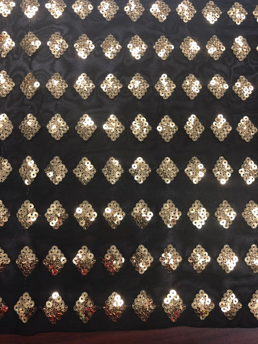 Diamond gold sequins design on stretch power mesh 4way 58/60" Sold by the YD. Ships worldwide from Los Angeles California USA.