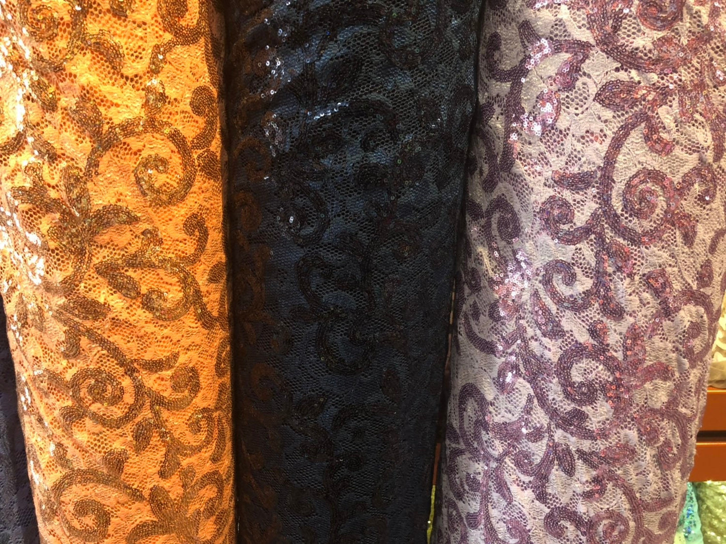 New stretch lace with sequins swirl design  2way stretch 58/60" Sold by the YD. Ships worldwide from Los Angeles California USA.