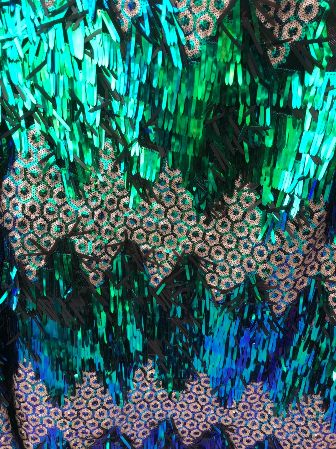 Peacock sequins with hexagon design 2tone sequins on stretch mesh base 2way 55/57" Sold by the YD. Ships worldwide from Los Angeles CA USA.