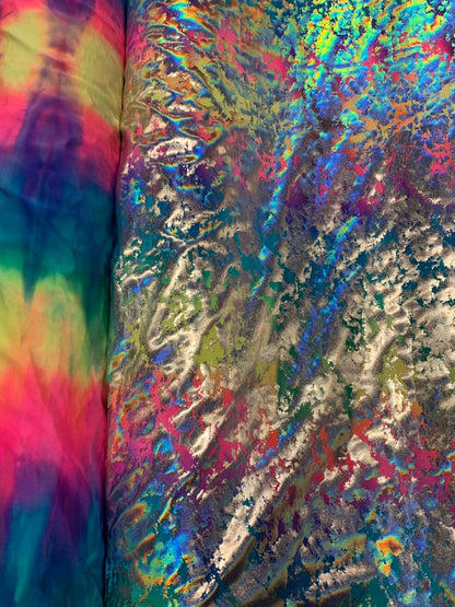 Tie dye splash design metallic iridescent nylon spandex 4way stretch 58/60" Sold by the YD. Ships worldwide from Los Angeles California USA.