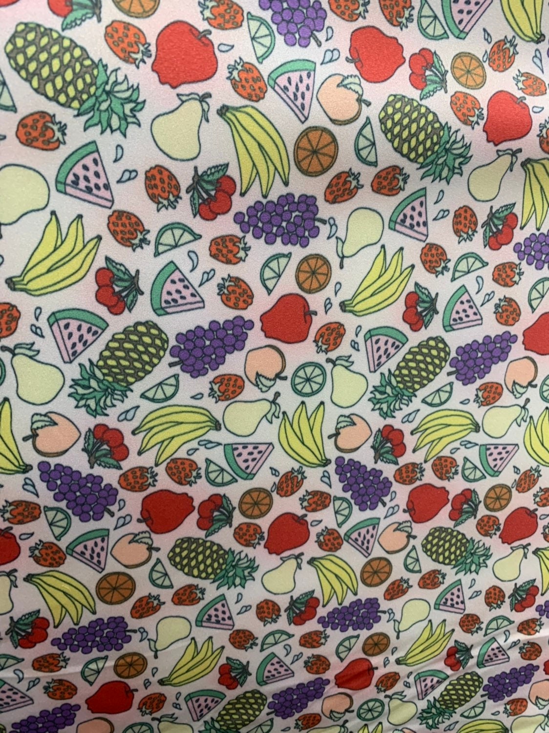 Multi fruits design print on nylon spandex 4way stretch 58/60" Sold by the YD. Ships worldwide from Los Ángeles California USA.