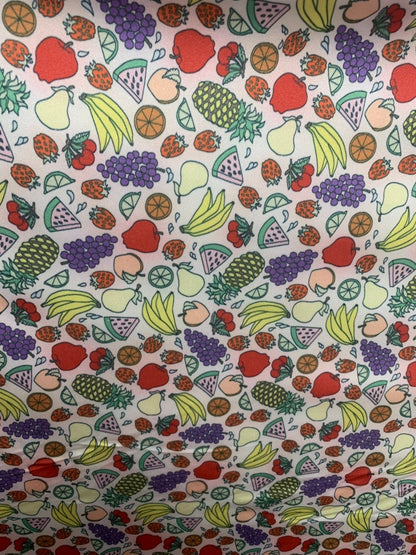 Multi fruits design print on nylon spandex 4way stretch 58/60" Sold by the YD. Ships worldwide from Los Ángeles California USA.