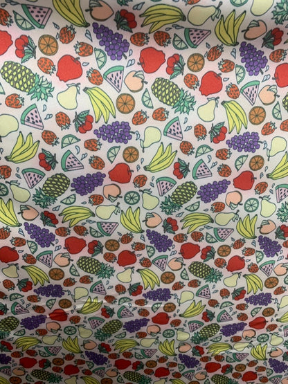 Multi fruits design print on nylon spandex 4way stretch 58/60" Sold by the YD. Ships worldwide from Los Ángeles California USA.