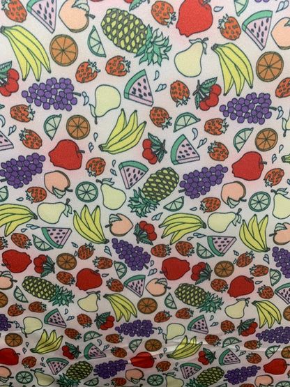 Multi fruits design print on nylon spandex 4way stretch 58/60" Sold by the YD. Ships worldwide from Los Ángeles California USA.