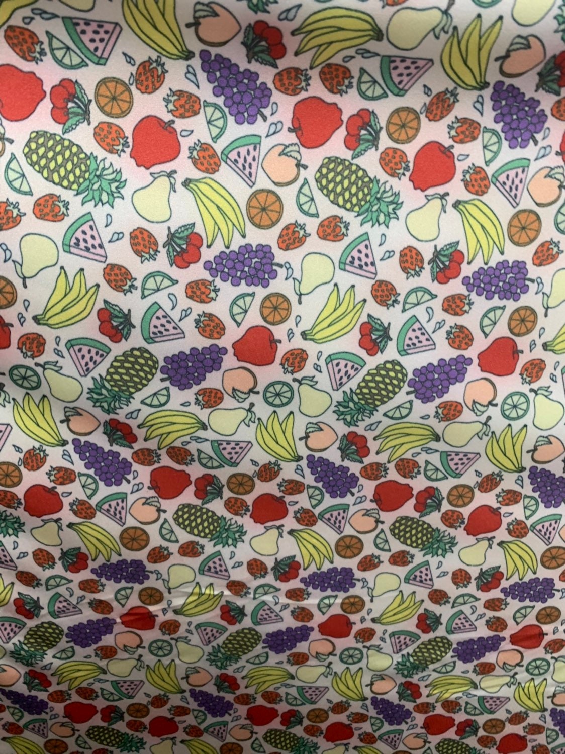 Multi fruits design print on nylon spandex 4way stretch 58/60" Sold by the YD. Ships worldwide from Los Ángeles California USA.