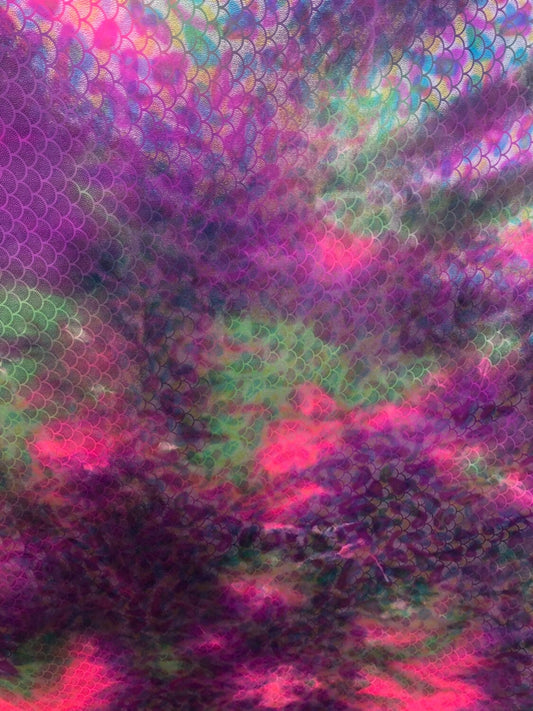 Mermaid design tie dye multicolor hologram metallic nylon spandex 4way stretch 58/60" Sold by the YD. Ships worldwide from Los Angeles CA.