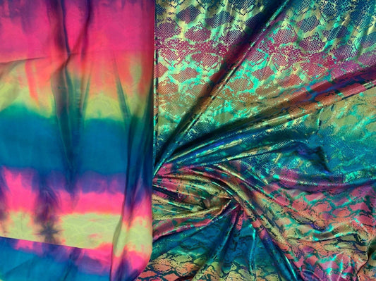 King snake design tie dye metallic nylon spandex with iridescent foil 4way 58/60" Sold by the YD. Ships worldwide from Los Angeles CA USA.