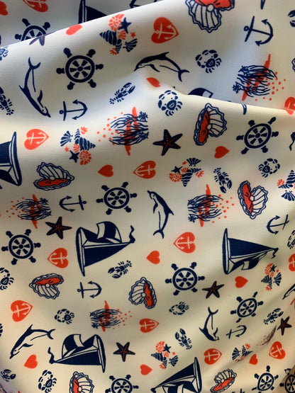 New print nylon spandex Nautica design 4way stretch 58/60" Sild by the YD. Ships worldwide from Los Angeles California USA.