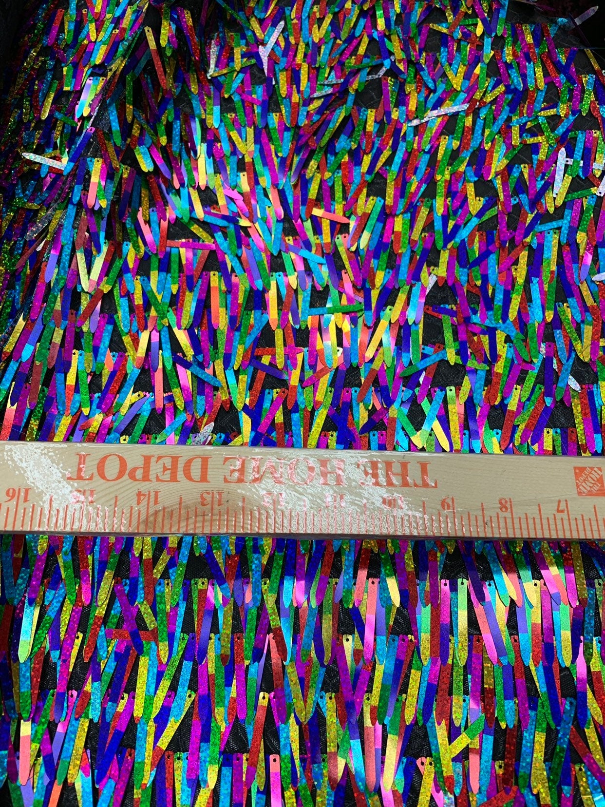 New fringe design iridescent multicolor sequins on stretch mesh base 2way stretch 58/60" Sold by the YD. Ships worldwide from Los Angeles CA