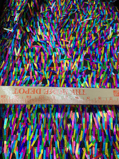 New fringe design iridescent multicolor sequins on stretch mesh base 2way stretch 58/60" Sold by the YD. Ships worldwide from Los Angeles CA