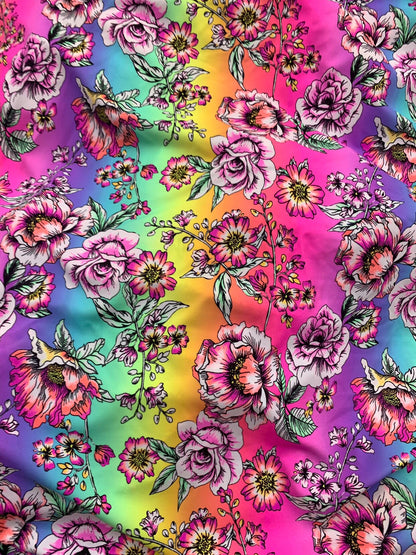 New flower design multicolor print on heavy nylon spandex 4way stretch 58/60" Sold by the  YD. Ships worldwide from Los Angeles California.