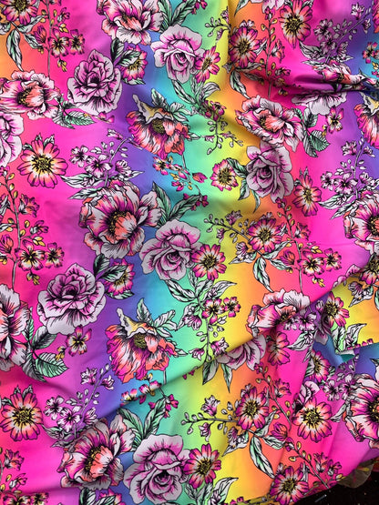 New flower design multicolor print on heavy nylon spandex 4way stretch 58/60" Sold by the  YD. Ships worldwide from Los Angeles California.