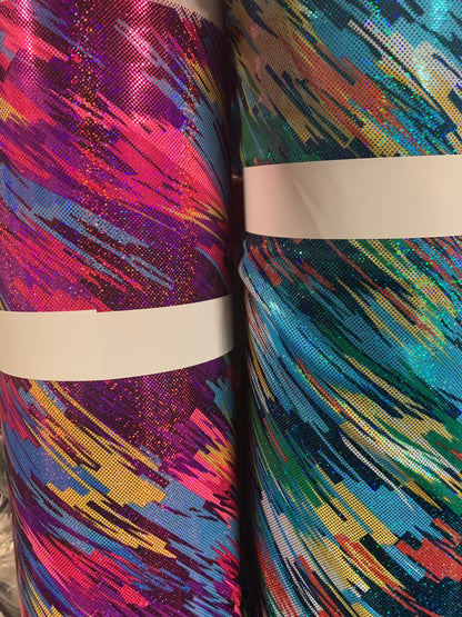 Swing swing design hologram metallic nylon spandex 4way stretch 58/60" Sold by the YD. Ships worldwide from Los Angeles California USA.