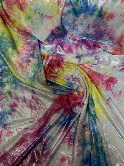 New tie dye metallic nylon spandex with foggy foil all over 4way stretch 58/60" Sold by the YD. Ships worldwide from Los Angeles California.