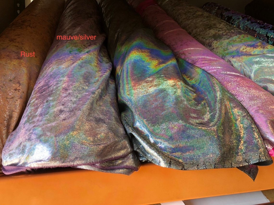 New heavy velvet with iridescent foggy foil 4way stretch 58/60" Sold by the YD. Ships worldwide from Los Angeles California USA.