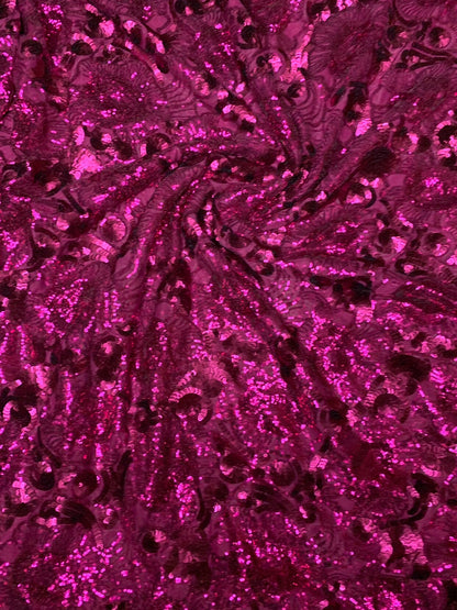 New flower design magenta color multi sequins on stretch mesh 2way 55/57" Sold by the YD. Ships worldwide from Los Angeles California USA.