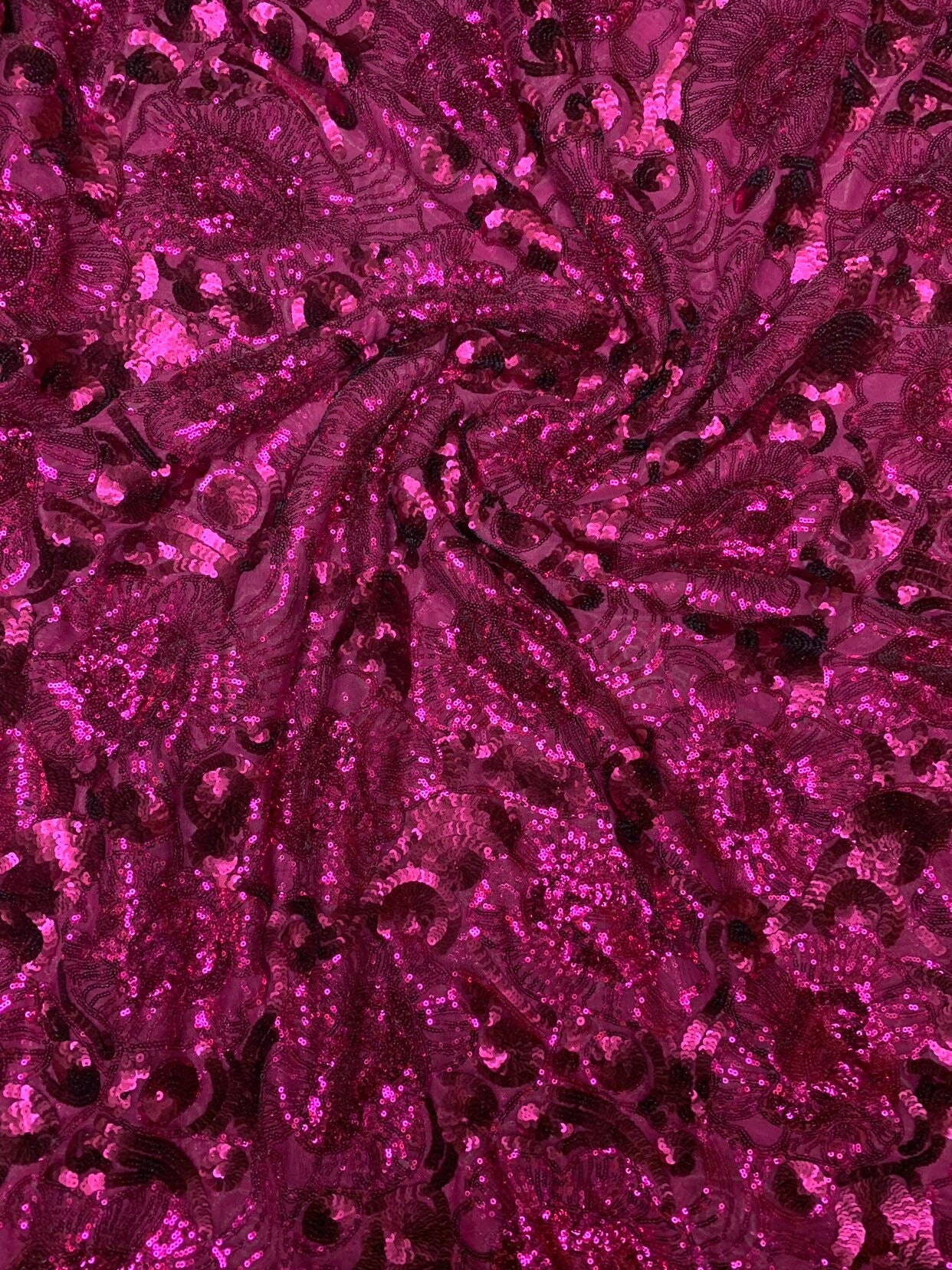 New flower design magenta color multi sequins on stretch mesh 2way 55/57" Sold by the YD. Ships worldwide from Los Angeles California USA.