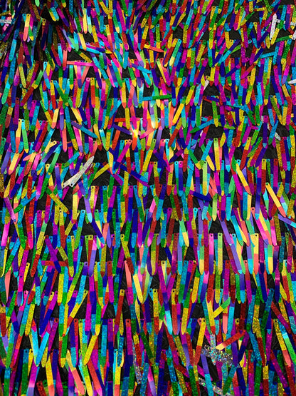 New fringe design iridescent multicolor sequins on stretch mesh base 2way stretch 58/60" Sold by the YD. Ships worldwide from Los Angeles CA