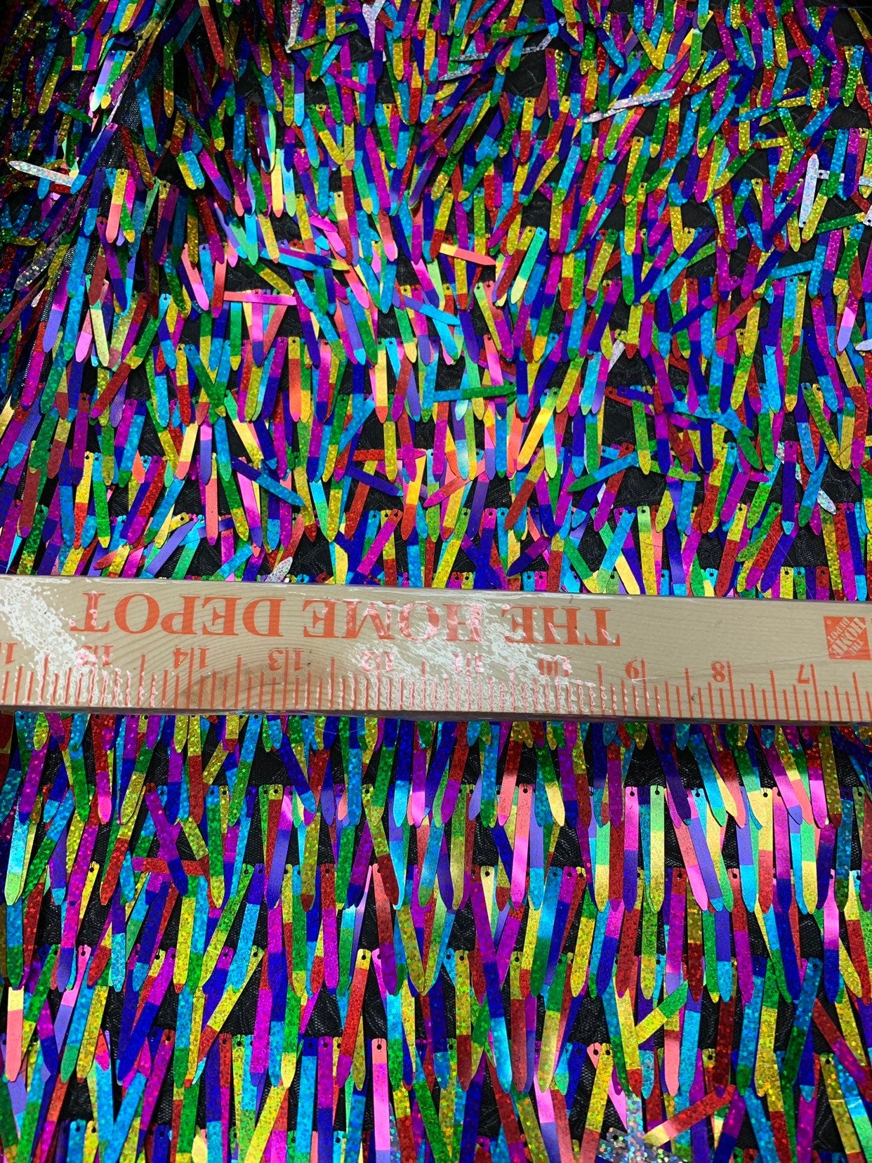 New fringe design iridescent multicolor sequins on stretch mesh base 2way stretch 58/60" Sold by the YD. Ships worldwide from Los Angeles CA