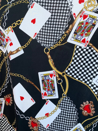 Multi chain and playing cards design print on nylon spandex 4way stretch 58/60" Sold by the YD. Ships worldwide from Los Angeles California.